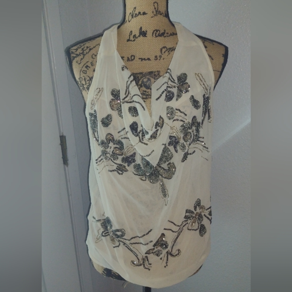 Gudi open back beaded ivory top xs